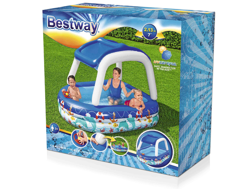 Детский надувной бассейн Bestway с крышей и рулем 213х155х132 см 282 л, 54370