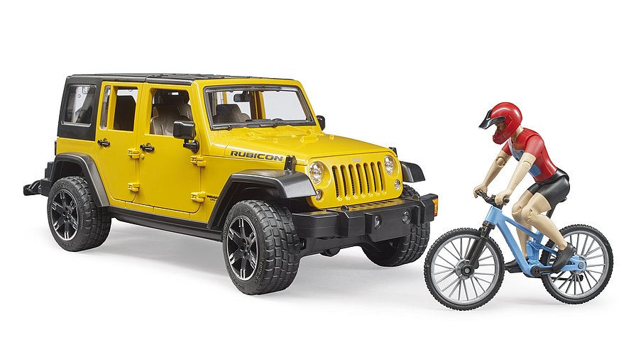 Машинка BRUDER Джип Jeep Rubicon с фигуркой велосипедиста на спортивном байке 1:16, 02543