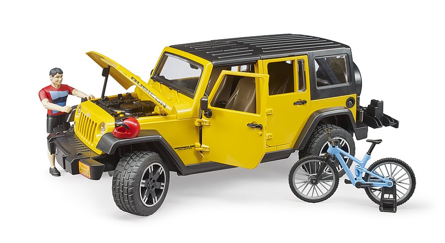 Машинка BRUDER Джип Jeep Rubicon с фигуркой велосипедиста на спортивном байке 1:16, 02543