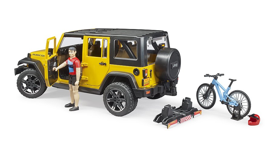 Машинка BRUDER Джип Jeep Rubicon с фигуркой велосипедиста на спортивном байке 1:16, 02543