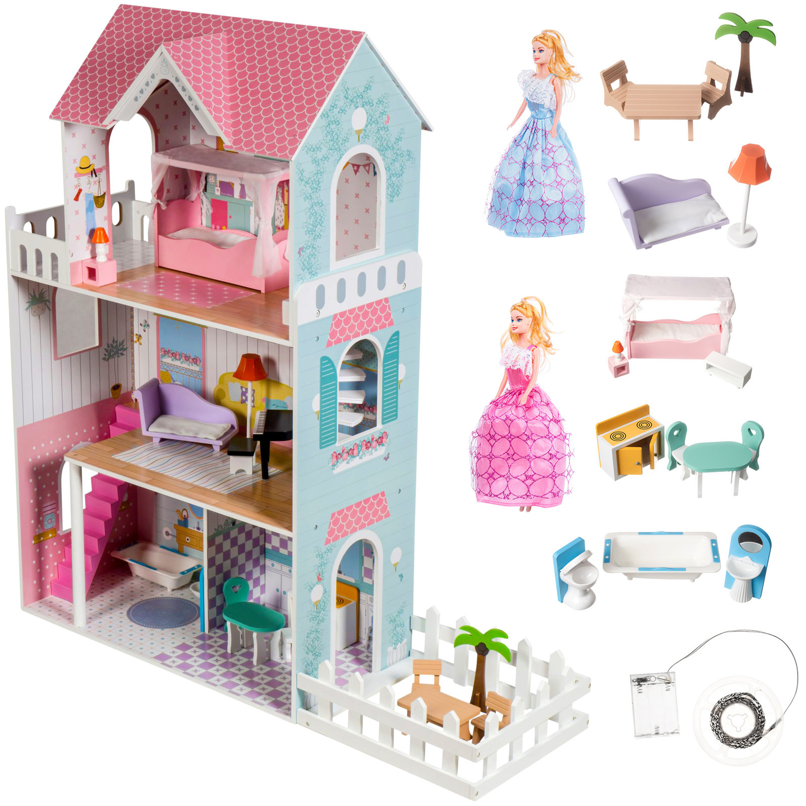 Деревянный кукольный домик Mamabrum 123 см с LED-подсветкой DOMEK W06A379
