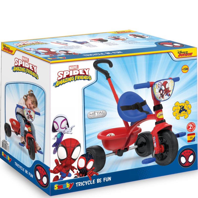 Детский 3-колесный велосипед Smoby Be Fun Spiderman с ручкой, 740337
