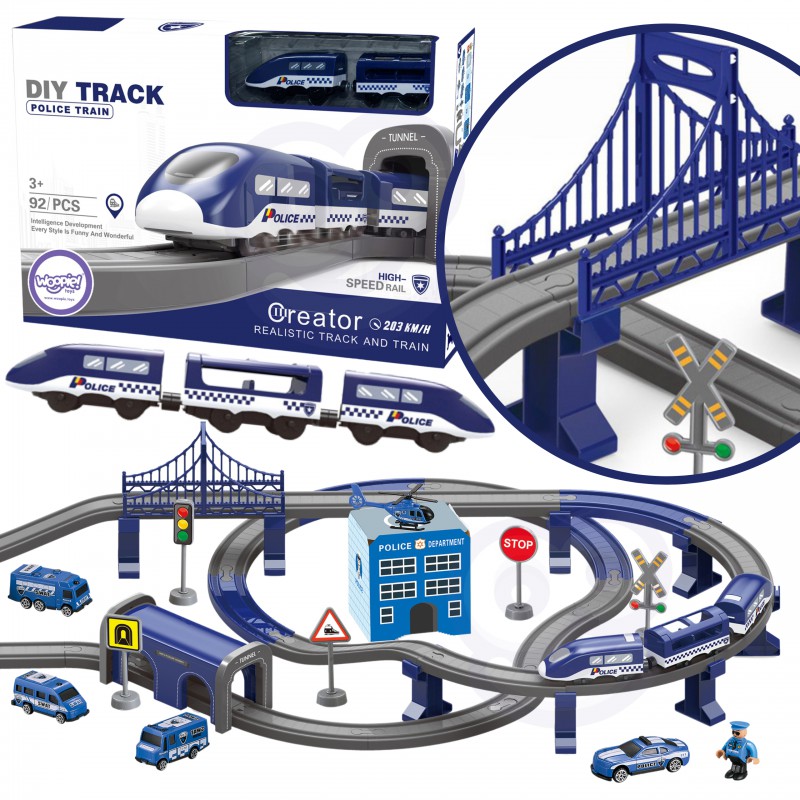 Игровой набор Woopie Электропоезд, трек, полицейский участок с вертолетами и машинами 92 эл., 30685